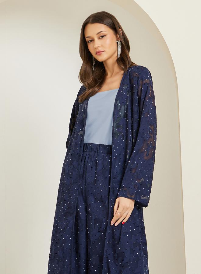 Styli Navy Studded Jacquard Kimono and Pants Co-ords - Image 1